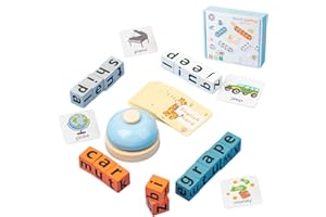 Zilynhom Gioco di ortografia Word Race per bambini dai 3 agli 8 anni | 64 flashcard e 20 blocchi dell'alfabeto in legno | Giocattolo educativo multigiocatore con campanello, gioco di lettere