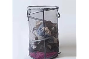 DAJIAXINGXING 1 Pack Foldable Laundry Baskets, Mesh Washing Basket, Large Portable Clothes Storage Pop Up Laundry Basket with Handles, Suitable for Clothes, Toys, Travel, and More Laundry Bags (Gray)