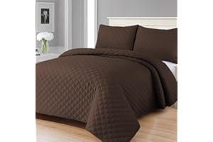 MIA we dress your home Luxury Quilted Bedspreads Double Size - 3 Piece Chocolate Embossed Bed Cover 220x250 Comforter Throw Ultra Soft Coverlet All Seasons
