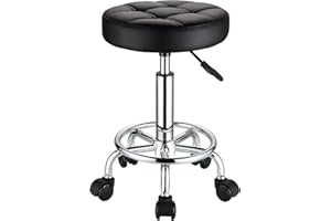 HMTOT Okrągłe taborety ze skóry PU, regulacja wysokości, obrotowy stołek z kółkami, czarny