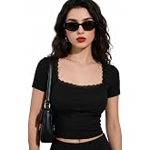 Istyle Can Women's Ribbed Square Neck Lace Trim Crop Top, Short Sleeve Solid Casual Top