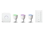 Philips Hue White and Color Ambiance Starter Kit con 3 Lampadine GU10, 1 Bridge e 1 Telecomando Dimmer Switch, Bianco