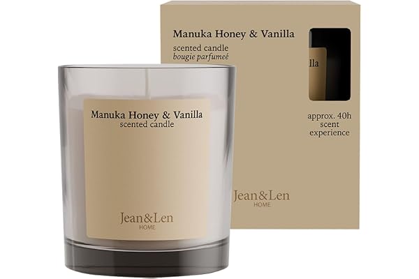 Jean & Len Scented Candle Manuka Honey & Vanilla, vegan, 195 g | Med sheasmör, brinntid ca 40 timmar, minimalistisk design, sinnlig doft