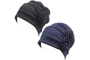 PLUTO & FOX Gorra Beanie De Tela con 2 Flor De Adorno para Fiesta Boda Color Liso Turbante para Cabeza De Mujer para Cáncer Quimioterapia Chemo Oncológico Noche Pèrdida de Pelo Cabello 2 Unidades