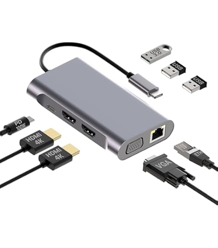 NOVOO USB C Hub met 2 HDMI, 11 poorten Type C Docking Station voor Laptop, RJ45 Gigabit Ethernet, 2 USB 3.0, 2 USB 2.0, VGA, Type C 100W PD, SD/TF kaarten voor
