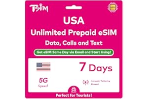 TSIM USA eSIM 7 Days. Unlimited High-Speed Data, Local Calls & Texts on T-Mobile Network (Hawaii Included). No Need to Wait for Package!. Get eSIM Same Day via Email and Start Using Immediately !