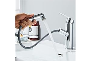 Sumeber Bathroom Tap with Pull-Out Washbasin Tap with 2 Jet Types Mixer Tap Suitable for Countertop Washbasins Warm Cold Mixer Tap (Extendable Shower Silver)