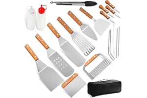 HOME SAFETY Set di Spatole e Raschietto per Teppanyaki e Barbecue, 21 Pezzi, Manico in Legno, Set Accessori Barbecue in Acciaio Inox, per Griglia Cucina da Campeggio, Barbecue all'aperto, Feste in Cortile