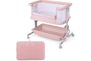 ‎COSTWAY COSTWAY 3 in 1 Beistellbett, Reisebett Baby mit Matratze, Babybett 6 Fach höhenverstellbar mit Aufbewahrungskorb & Tragetasche, tragbarer Stubenwagen mit Rollen für Baby bis 6 Monaten (Rosa)