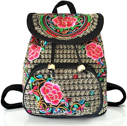 Retro Classic Style Mini Flower Backpack, Feskin Fashion Vintage Casual Floral Daypacks Solid Shoulder School Bag for Women and Girl (Peony)