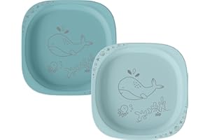 nip Green Öko Lot de 2 assiettes pour bébé et enfant, passent au micro-ondes et au lave-vaisselle, extra plates et parfaites pour les débutants, sans BPA, sans mélamine, durables, motif animal, bleu