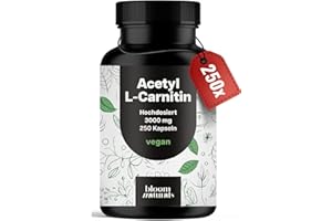 ‎BLOOM NATURALS BEAUTY SUPPLEMENTS Acetyl-L-Carnitin – 500 mg pro Kapsel – 250 Kapseln – 3000 mg pro Tagesportion – Vegan – produziert in Deutschland - Acetyl L Carnitin Kapseln Hochdosiert - Verpackung kann variieren - Laborgeprüft