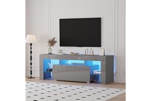 QIHANG-UK TV Cabinet, TV Unit Stand with LED Lights, Modern High Gloss TV Table Stand, Living Room Entertainment Center with 1 Drawer for 32"-65 inch, 130cm Media Center with Storage (Grey)