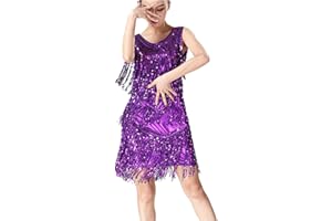 GUOCU Women Sequined Fringed Sparkly Shiny Tassels Latin Dance Dress Double V Neck Latin Dance Dress Dance Performance Costume Flapper Dress