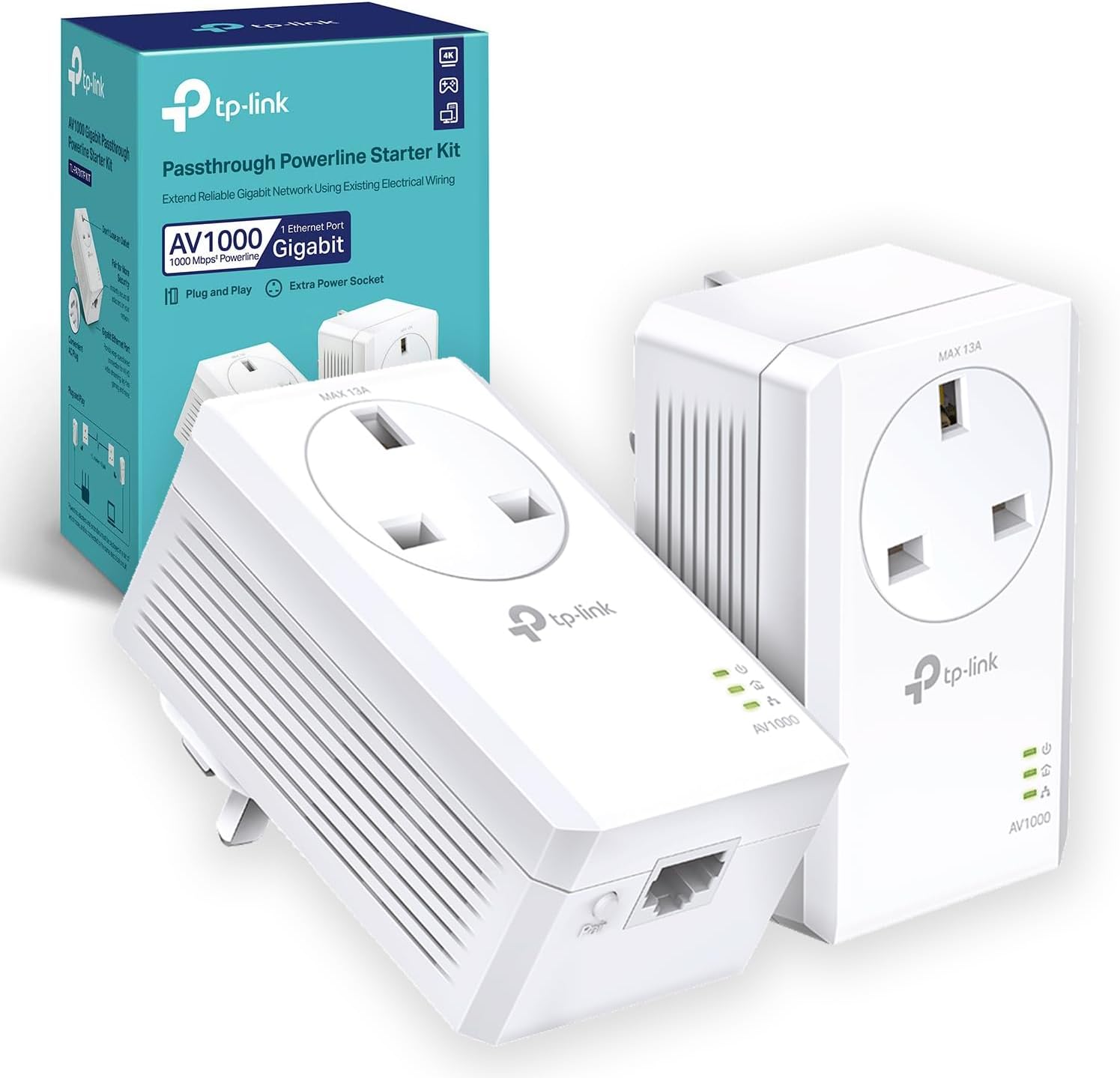 TP-Link TL-PA7017PKIT Gigabit Passthrough Powerline Adapter Starter Kit, Powerline Network Adapters Speed up to 1000 Mbps, 4K Video Streaming & Online Gaming, No Configuration Required, Plug and Play
