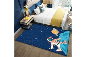 Sticker Superb. Kinderteppich Universe Planet Astronaut 3D Wohnzimmerteppich Rutschfest Blau Schwarz Raumschiff Rakete Teppiche Jungen und Mädchen Kinderzimmer Teppich Waschbar (Farbe4,80 x 160 cm)
