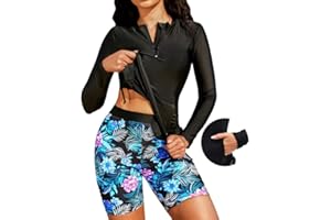 JASAMBAC 3-Piece Womens Rash Guard Swimsuits UPF 50+ Bikini Top & High Waist Boyshorts Half-Zipper Pull On Rash Shirt with Pockets Modest Swimwear Soft Bathing Suit Ladies Swimming Costumes Surf Suit