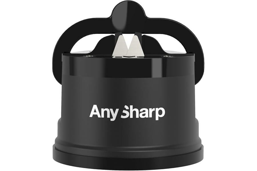 AnySharp Knife Sharpener, Hands-Free Safety, PowerGrip Suction, Safely Sharpens All Kitchen Knives, Ideal for Hardened Steel & Serrated, World's Best, Compact, One Size, Black