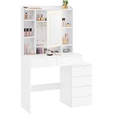VASAGLE Dressing Table with Adjustable Brightness LED Lights, 98 x 40 x 145 cm | Mesa de Maquillaje con Espejo, Compartimento