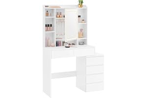 VASAGLE Sminkbord med LED-belysning, justerbar ljusstyrka, toalettbord med spegel, sminkbord med lådor, öppna fack, justerbar
