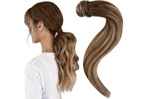 Easyouth Extensiones Cola de Cabello Natural Humano Balayage Marrón Ponytail Extensiones Cabello Humano Ombre Castaño a Rubio Extensiones de Cabello Natural Coleta 40cm 80g