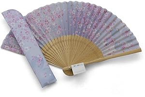 Maisendo Handfächer Sakura Fubuki Kirschblüte blau, Bambus Holz und Stoff, Premium-Qualität Baumwoll Etui und Geschenkbox
