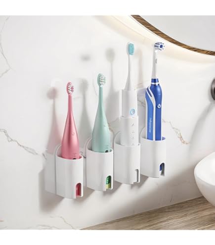DIYJEP Support De Brosse à Dents Électrique Avec 4 Fentes, Porte Brosse à Dents Mural Rangement Organisateur Pour Dentifrice, Range Brosse A Dent Multifonctionnel Sans Perçage Pour Salle De Bains