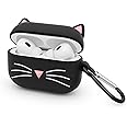 Mouzor Cute Airpods Pro Case, Airpods Pro 2 Black Whisker Cat Kitty Case, Funny 3D Cartoon Animals Shockproof Soft Silicone Charging Case Cover Skin with Carabiner for Kids Girls Women Children