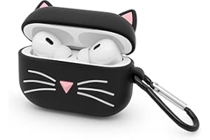 Mouzor Cute Airpods Pro Case, Airpods Pro 2 Black Whisker Cat Kitty Case, Funny 3D Cartoon Animals Shockproof Soft Silicone Charging Case Cover Skin with Carabiner for Kids Girls Women Children