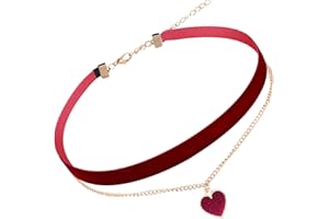 YOLEV Collier ras du cou en velours rouge élégant avec pendentif en forme de cœur, colliers réglables superposés gothiques, accessoires de bijoux pour femmes, 30cm/11.8in+7.5cm/3in