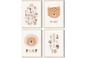MeinBaby123® Lot de 4 posters pour chambre d'enfant,DIN A4,Tableaux muraux,Poster pour chambre d'enfant,Décoration de chambre de bébé,Poster mural de qualité supérieure (animaux mignons V4)