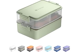 Linoroso Bento Lunch Box Boite Repas pour Adulte avec 3 Compartiment Lunchbox avec Récipient à Sauce et Ustensiles Micro Ondable et Lave-vaisselle, Sans BPA Comme Boîte à Sandwich Salade - Menthe Pâle