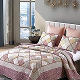 Topmail Dessus de lit Matelassé en Coton et Polyester Couvre Lit avec 2 Taies d'Oreillers 50 * 70cm Style Moderne Parure de Lit à Carreaux Housse de Couette 220 * 240cm, 3 Pièces (Rose)