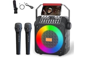 DRSYXCS Karaoke Machine with 2 Wireless Microphones for Adults Kids, Portable Bluetooth Speaker Power Amplifier PA System with LED Lights, Support TWS/FM/USB/AUX for Home Party Picnic Square Dance(Black)