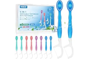 YUNCHI 12 Stück Mini Zahnbürste 5 in 1 Einmalzahnbürsten mit Zahnpasta + Pickel + Zungenschaber + Zahnseide, Reisezahnbürste Einzeln Verpackt für Camping Geschäftsreisen Kinder Erwachsene