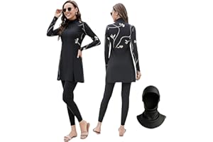 Doeunner Women Muslim Swimsuits Modest Islamic Swimwear with Hijab Rash Guard Burkini Long Sleeve Legging Pants Bathing Suits Full Coverage Tops Pants Set Bodysuit Surfwear Wetsuit Beachwear 3PCS Set