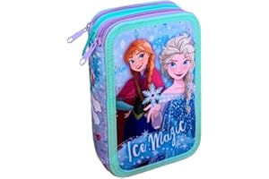 HAPPY SCHOOL Astuccio Completo Scuola, Disney, FROZEN II, 3 Zip, multiscomparto, Completo 44 Pezzi, Colori Giotto, 20 x 13 x 6 cm
