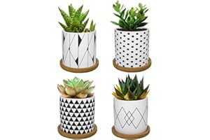 Lewondr 4PCS Pot de Fleur, 2.8 pouce Mini Céramique Succulent Pots Horticoles Jardinière avec Plateau en Bambou pour Petites Plantes Fleurs Cactus Maison Décorations Décor - Géométrie 02, Noir & Blanc
