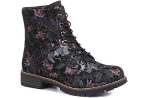 Pavers Womens Boots, Ladies Shoes, Combat, Black Boots for Women, Lace Up, Zip Fastening, Flat Heel, Hardwearing Sole, Ladies Boots, Boho Floral Pattern