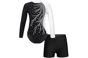 ranrann Enfant Fille Justaucorps Gymnastique Brillant avec Short Ensemble Danse Gym Strass Costume Spectacle Tenue 5-14 Ans