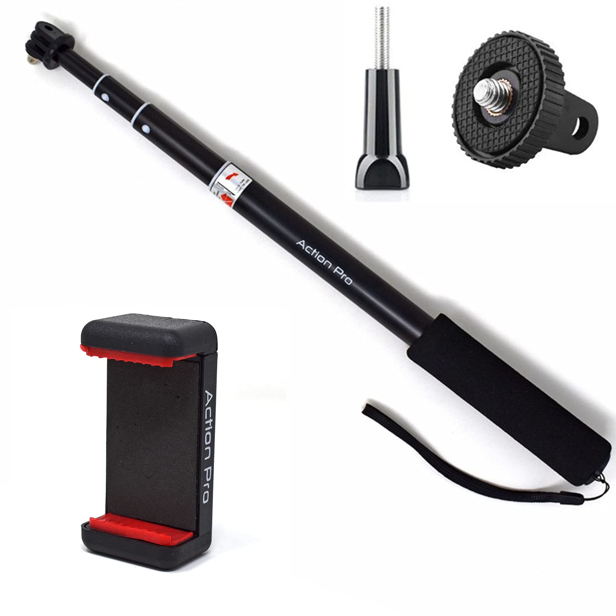 Action Pro Black Extendable Portrait Selfie Handheld Stick Monopod with Adapter, Screw and Phone Holder Compatible with G0Pro-13/12/11/10/9/8/7/6/5/SJCAM/Xiaomi/YI/Eken and Smart Phones