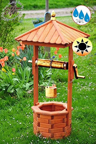 XXL Design-Brunnen, mit GOLD-METALLIC, Gartenbrunnen ca. 100-110 cm, einstöckig KLASSIK MIT Rolle & Eimer EXP100-gold-MS , voll funktionstüchtig,schöne Details, Metallkette Deko-Brunnen Outdoor, Brunnen mit Eimer und Rolle komplett mit Solar, Solarbeleuchtung DOPPEL-SOLAR LICHT 1 m groß gold-metallic glänzende Brunnenrolle - Leisten METALLIC Korpus unten, für Innen- und Außenbereich, wunderschöne Gartenzierde