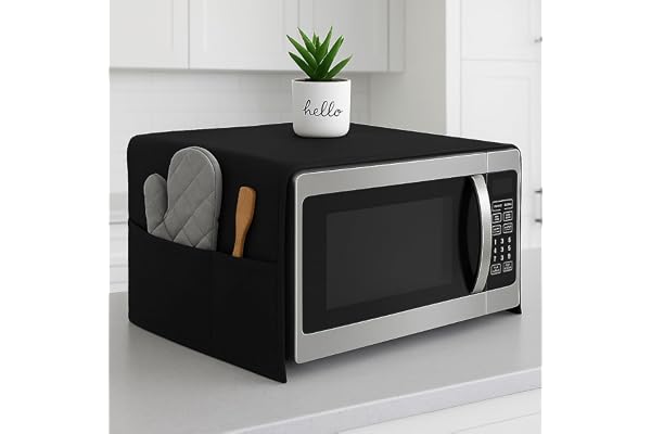 ALPHESTIA Microwave Oven Cover & Oven Top Cover - Durable, Dustproof, Waterproof Microwave Cover, Oven Cover, Microwave Top Cover with Modern Design and 4 Side Pockets (BLACK, GENERAL)