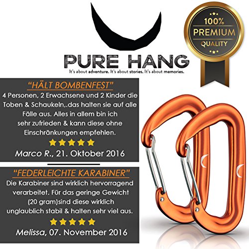 PURE HANG Hochbelastbare & Ultra-Leichte Aluminium-Karabiner mit Drahtbügel-Verschluss Zubehör Befestigungs-set Aufhängeset für Hängematte & Hängesessel 12kN Belastung & 20 Gramm, Orange – 2 Stück Hängematten-Karabiner – Safe & Smart Abhängen - 6