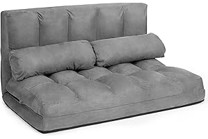 ‎GOPLUS GOPLUS 2 Sitzer Bodensofa mit 2 Kissen, 3 in 1 Sofabett Liege Sofa mit 6 stufig Verstellbarer Rückenlehne, Klappsofa mit Schlaffunktion für Wohnzimmer Schlafzimmer (Grau)