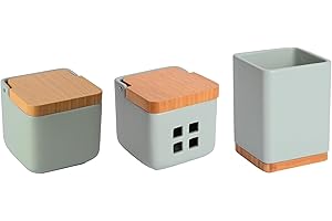 KOOK TIME Set d'accessoires de cuisine - comprend 1x Pot a sel cuisine, 1x Porte ustensiles de cuisine et 1x Pot d'ail - Céramique vert sauge et base et dessus en bambou