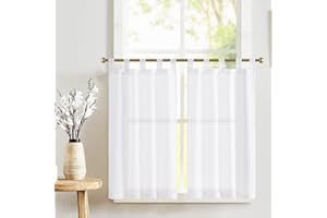 TOPICK Zazdrostki z pętelkami, lniane zasłony bistro, półprzezroczyste, firanki, szale, zazdrostki, zasłony okienne, do kuchni, salonu, domu wiejskiego, zestaw 2 sztuk, 65 szer. x 60 cm (wys. x