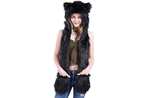 ULALAZA Cappello in pelliccia sintetica con cappuccio 3 in 1 funzione con sciarpe, muffole, zampe e orecchie caldo inverno per donne e ragazze