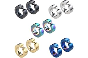 EPOCH WORLD 5 Pares 14MM Acero Inoxidable Pendientes pour Hombre Mujer Unisex Bisuteria Falso Pendientes Aros Plata Tous Redondos, Pendientes de Clip Hombre Sin Agujero Negros Oro