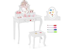 GOPLUS 2 in 1 Schminktisch mit Hocker, Kinderschminktisch mit drehbarer & Abnehmbarer Spiegel, Stabile Schreibtisch mit 3 Schubladen & Kippsicherung, für Kinder ab 3 Jahren (Weiß)